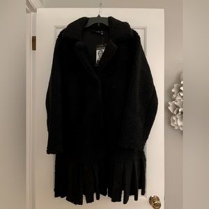 Heavy Designer Black Fringe Coat Size XL, NWT